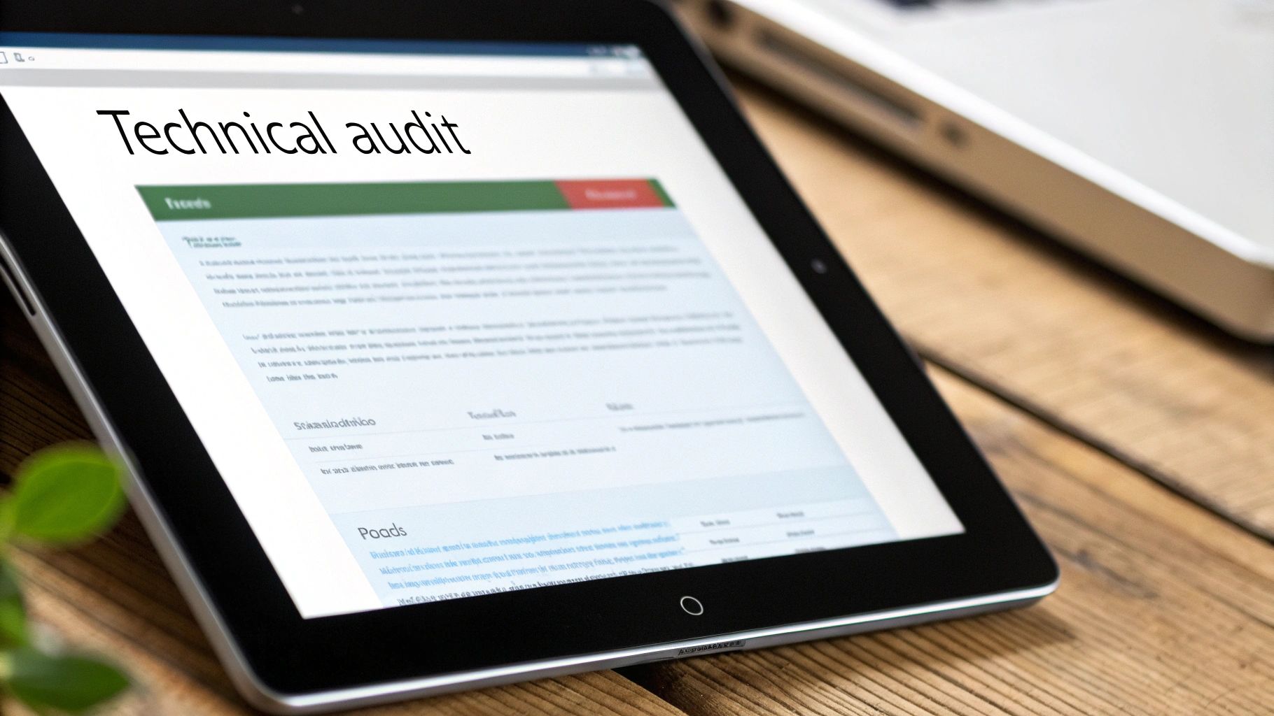A close-up of a tablet displaying a 'Technical audit' document on a wooden desk.
