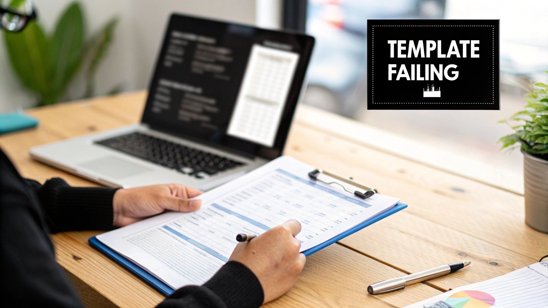 Person reviewing documents at a desk with a laptop, with a prominent 'Template Failing' sign.