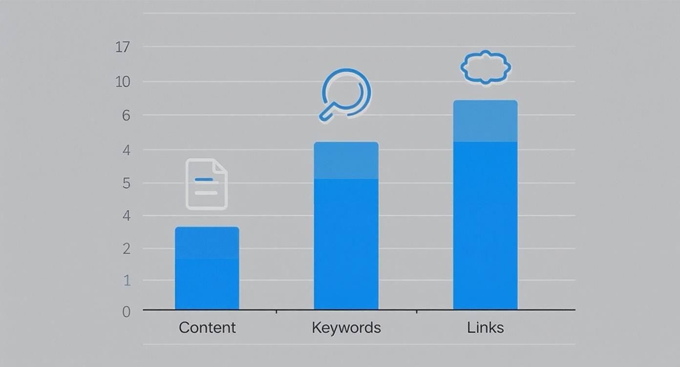 Bar chart illustrating the relative importance of Content, Keywords, and Links in SEO strategy.