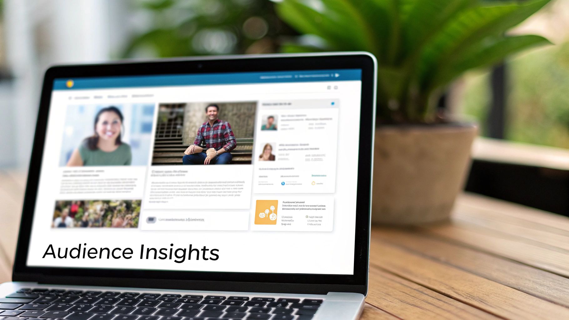 A laptop screen displays 'Audience Insights' and blurred social media profiles on a wooden table.