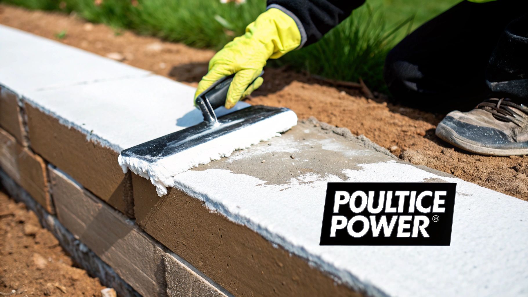 A thick paste being applied to a dark oil stain on a concrete driveway.