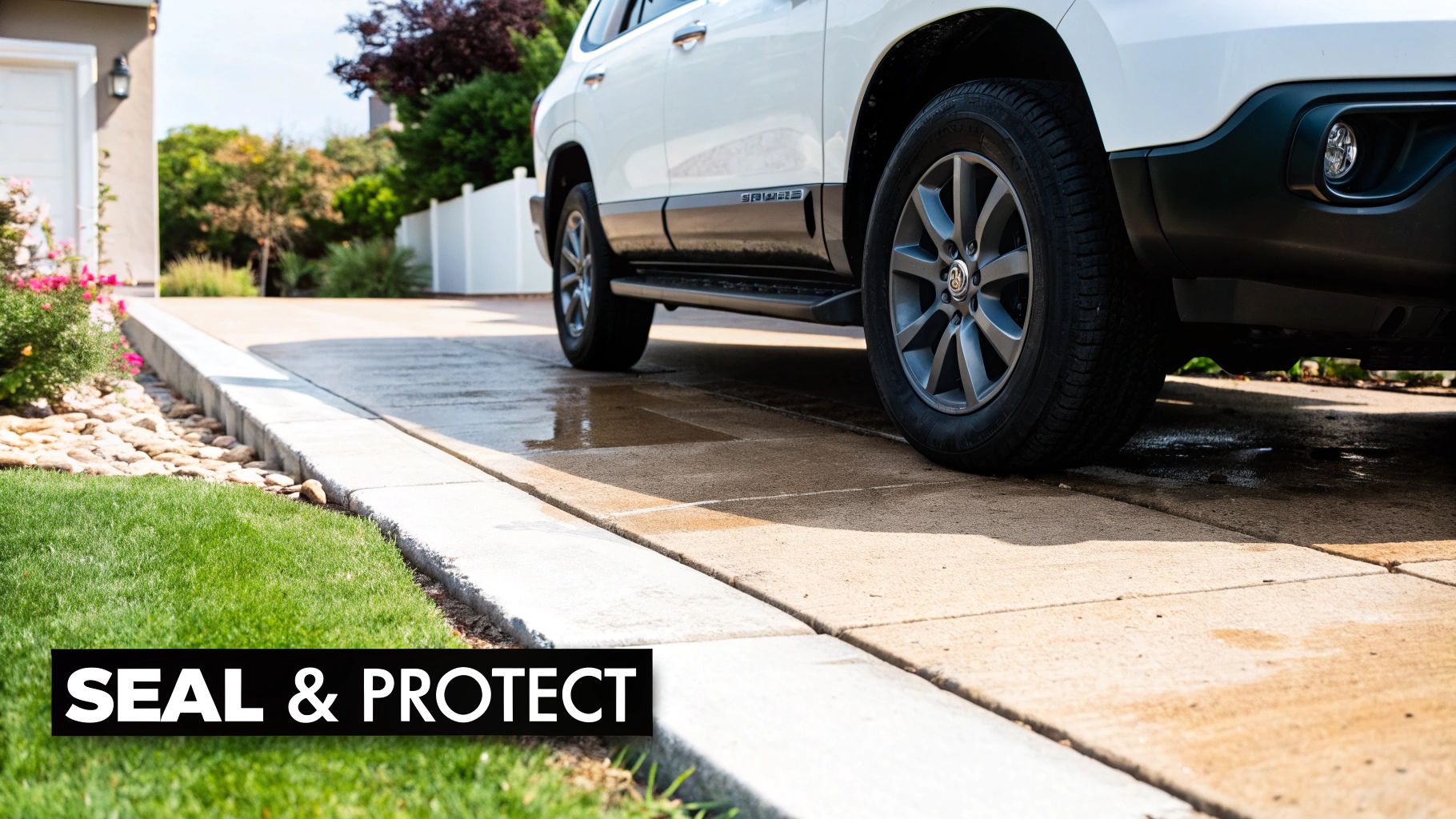 A clean, sealed concrete driveway shining in the sun.