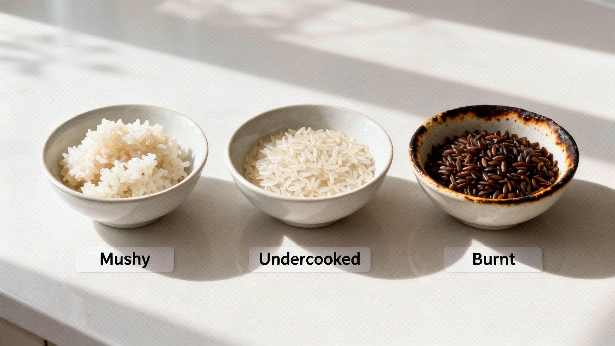 Three bowls demonstrating different rice cooking outcomes: mushy, undercooked white rice, and burnt brown rice.
