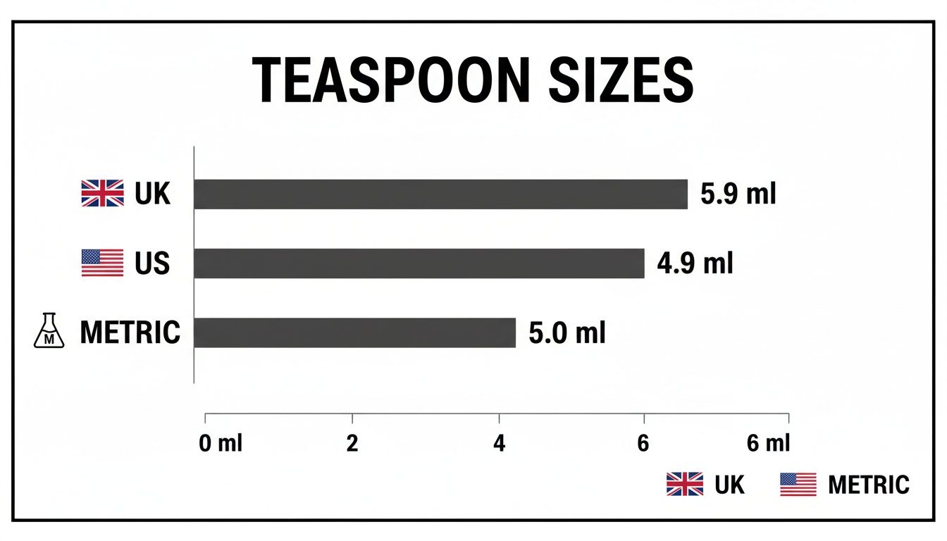 Bar chart comparing teaspoon sizes in UK (5.9ml), US (4.9ml), and Metric (5.0ml).