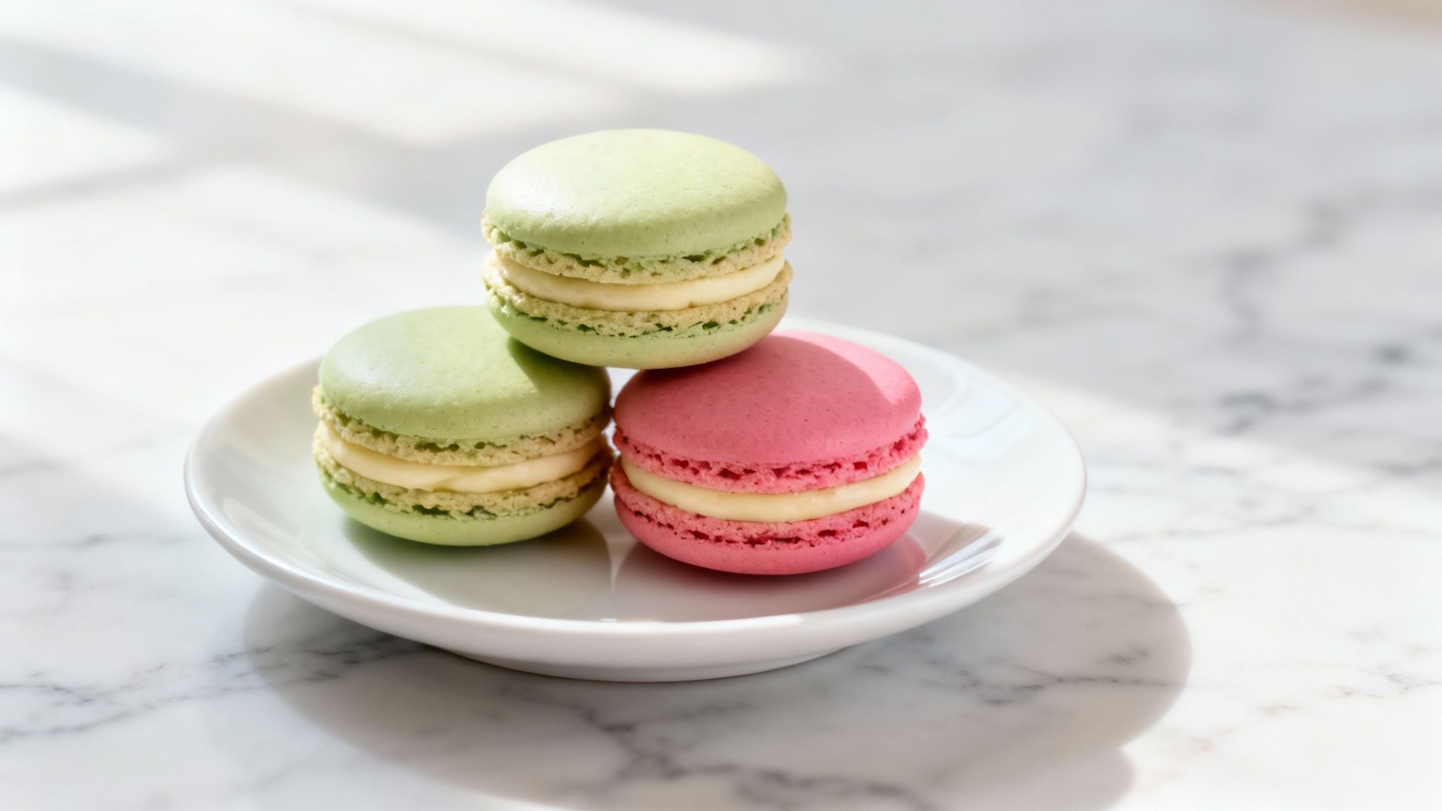 Three colorful macarons, two green and one pink, on a white plate with cream filling.