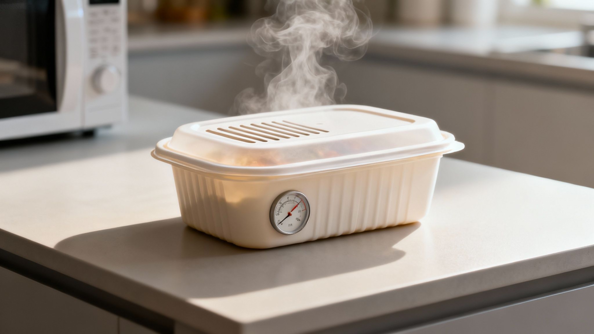 Close-up of a person carefully placing a vented microwavable food container into a clean microwave.