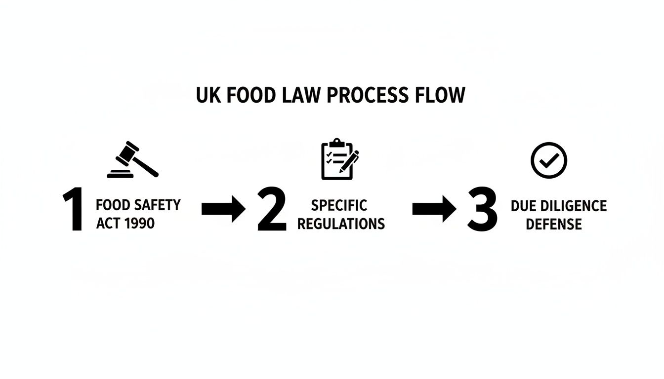 Flowchart illustrating the UK food law process, including Food Safety Act, specific regulations, and due diligence.