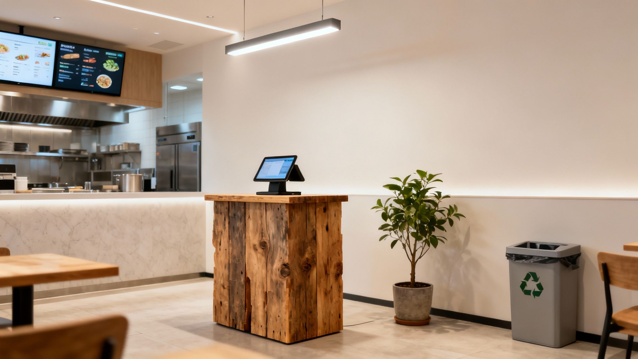 Modern restaurant interior with wooden checkout counter, digital POS system, and commercial kitchen