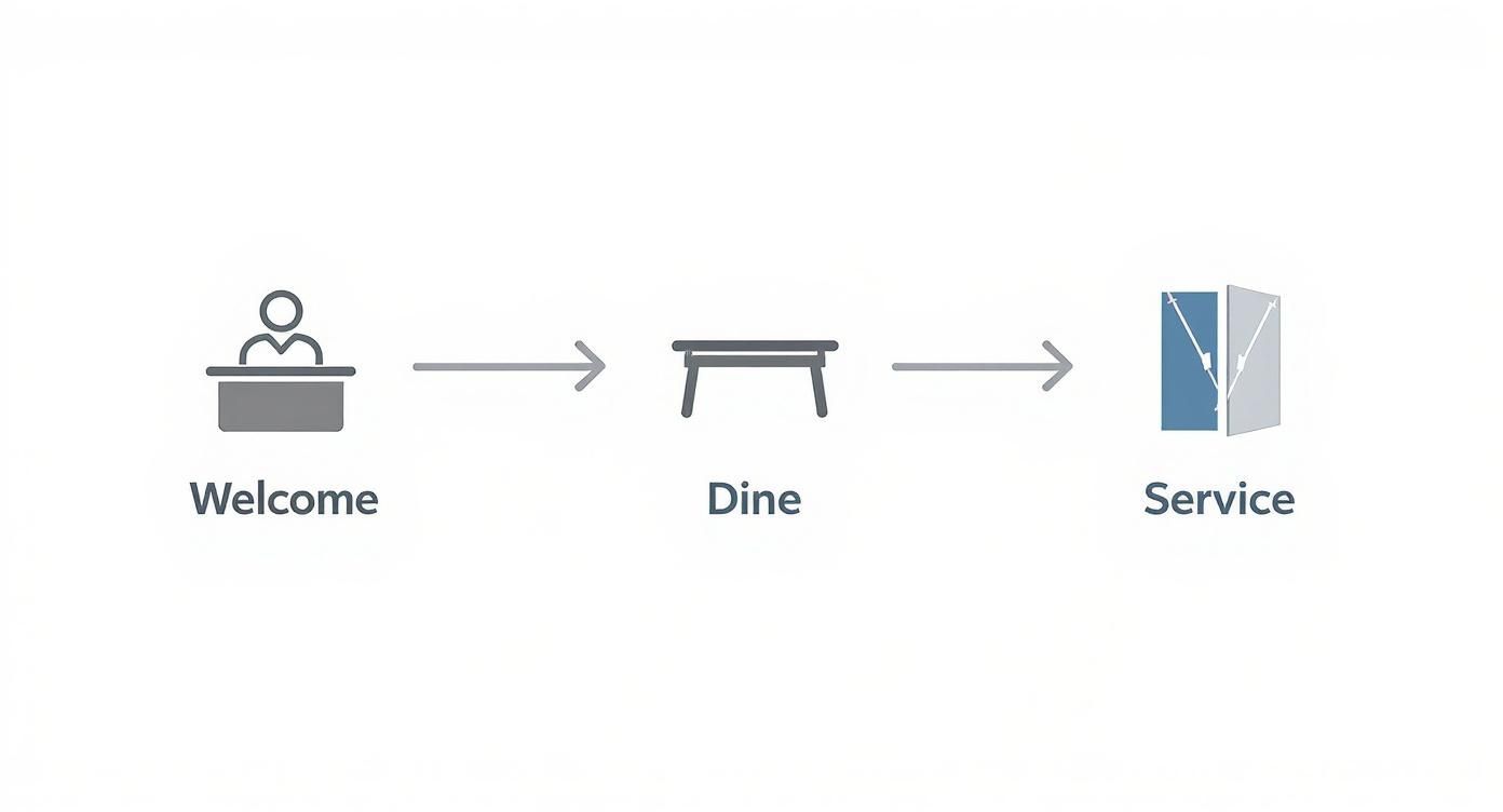 Three-step restaurant service workflow showing welcome reception, dining area, and exit service icons with arrows