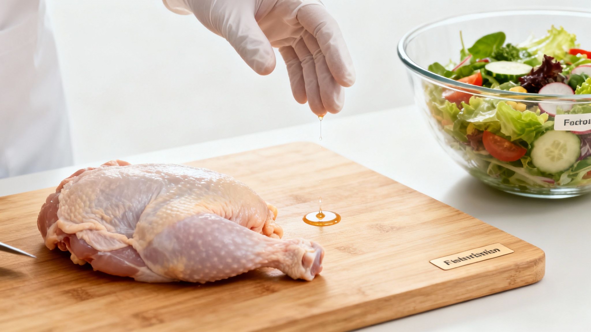 A gloved hand drizzles oil onto a cutting board with raw chicken and a fresh salad.