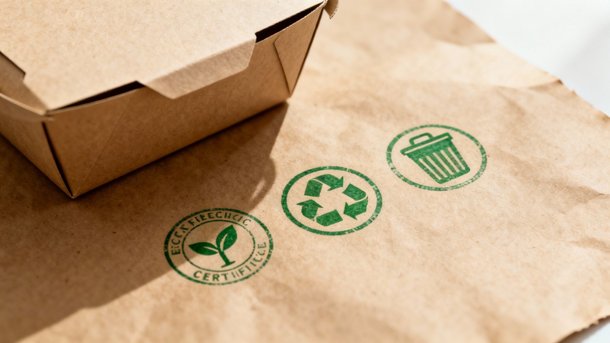 Brown eco-friendly takeaway container and paper with recycling, trash can, and certified plant symbols.