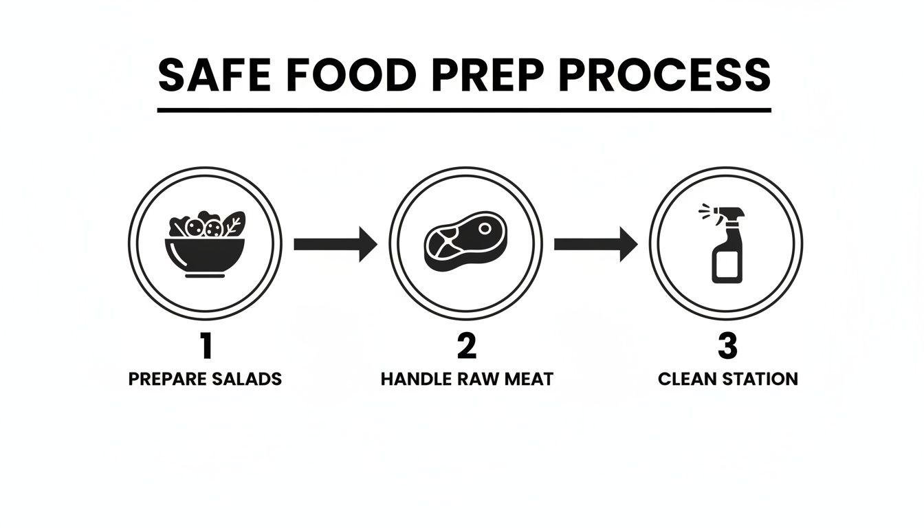 Diagram illustrating the safe food preparation process: prepare salads, handle raw meat, then clean.