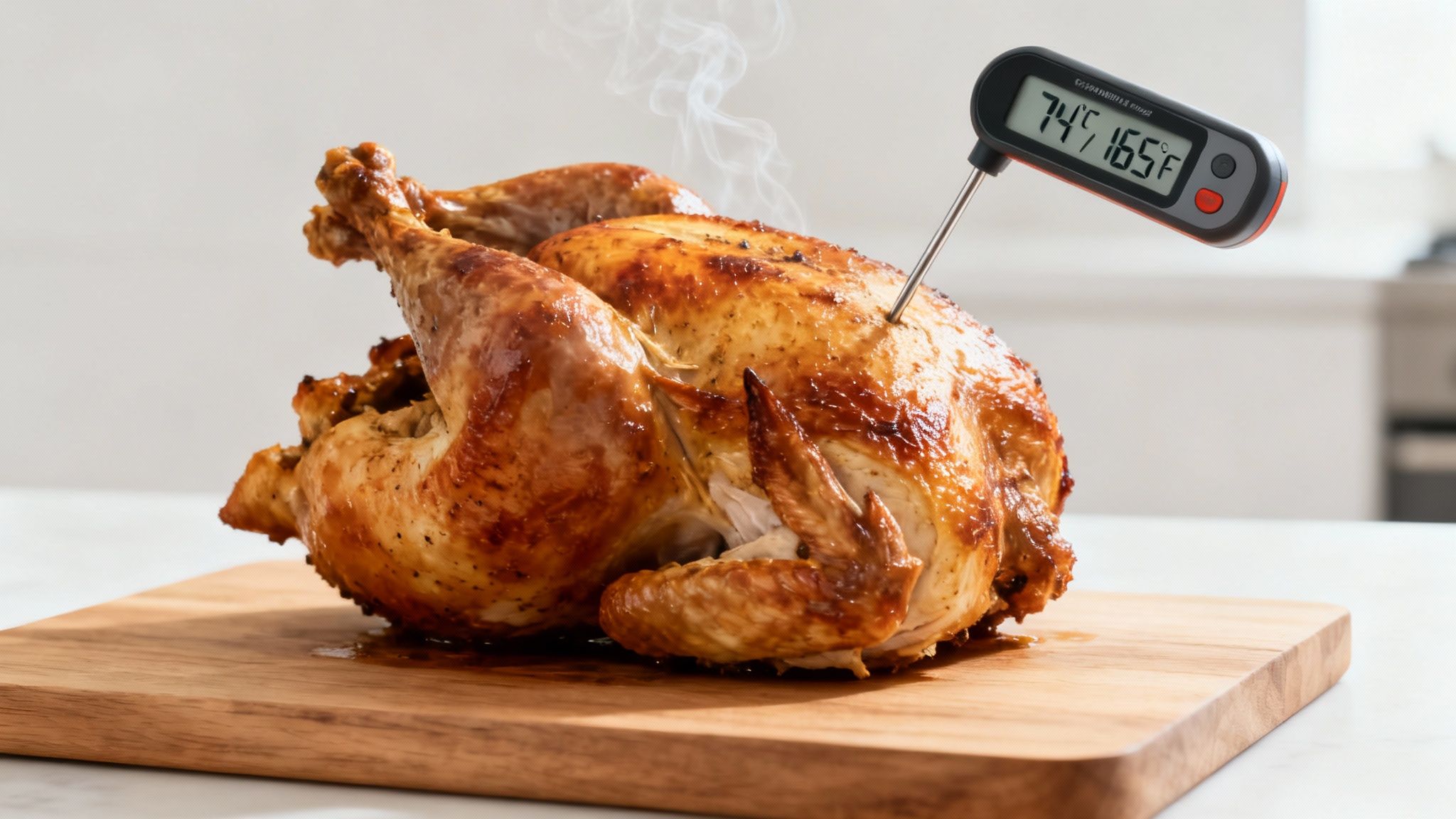 A whole roasted chicken on a cutting board with a thermometer displaying 74°C / 165°F.