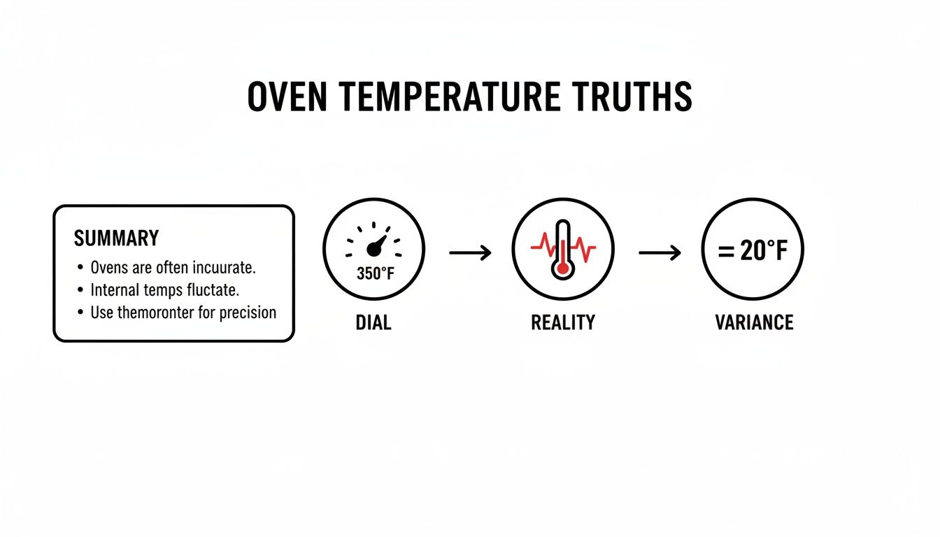 Infographic showing oven temperature truths: dials are often inaccurate, internal temperatures fluctuate, with a 20°F variance.