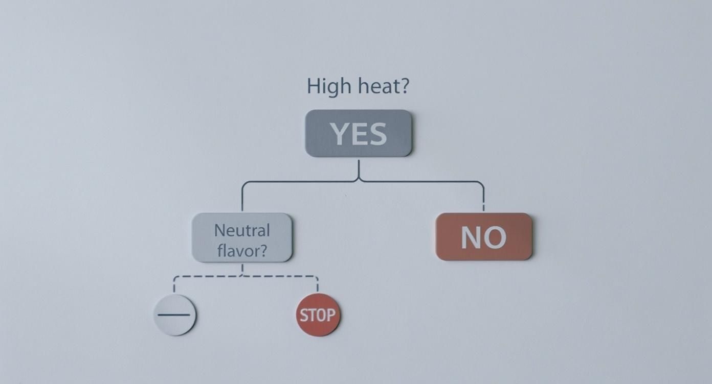 A decision flowchart evaluating 'High heat?', 'Neutral flavor?', and indicating a 'STOP' point.