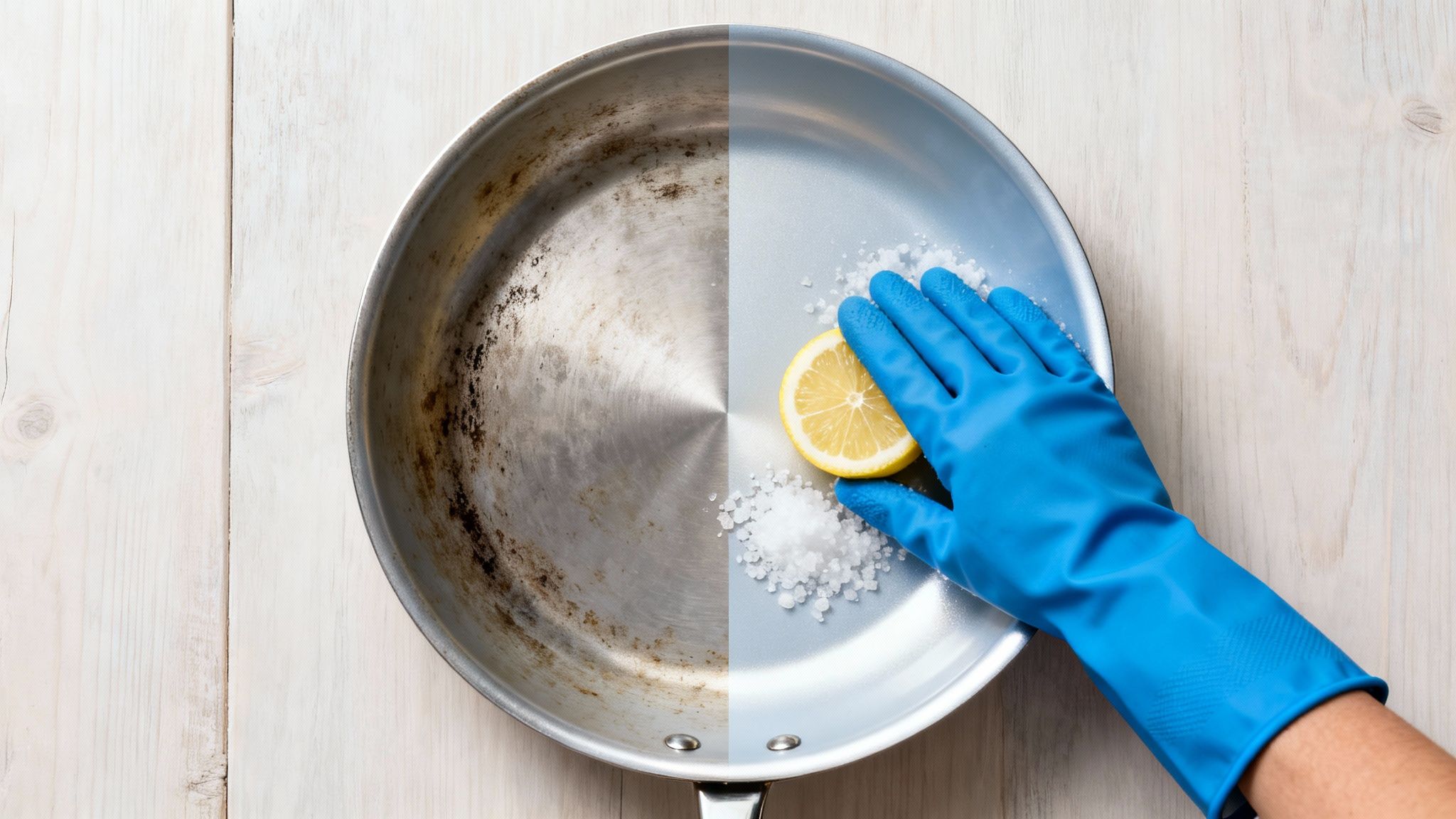 Before and after cleaning a dirty stainless steel pan with lemon and salt.