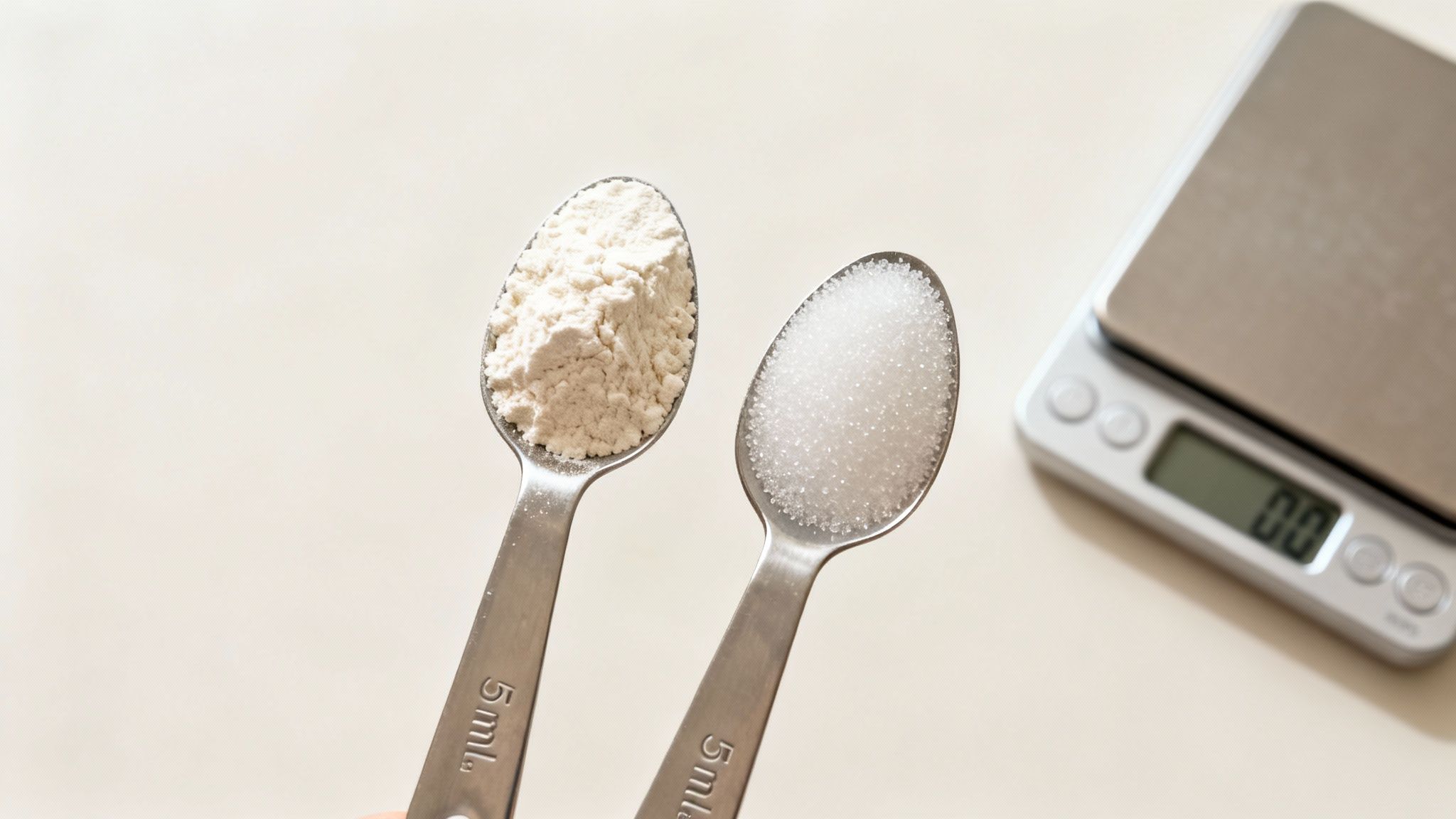 Two 5mL measuring spoons, one with flour and one with sugar, next to a kitchen scale.