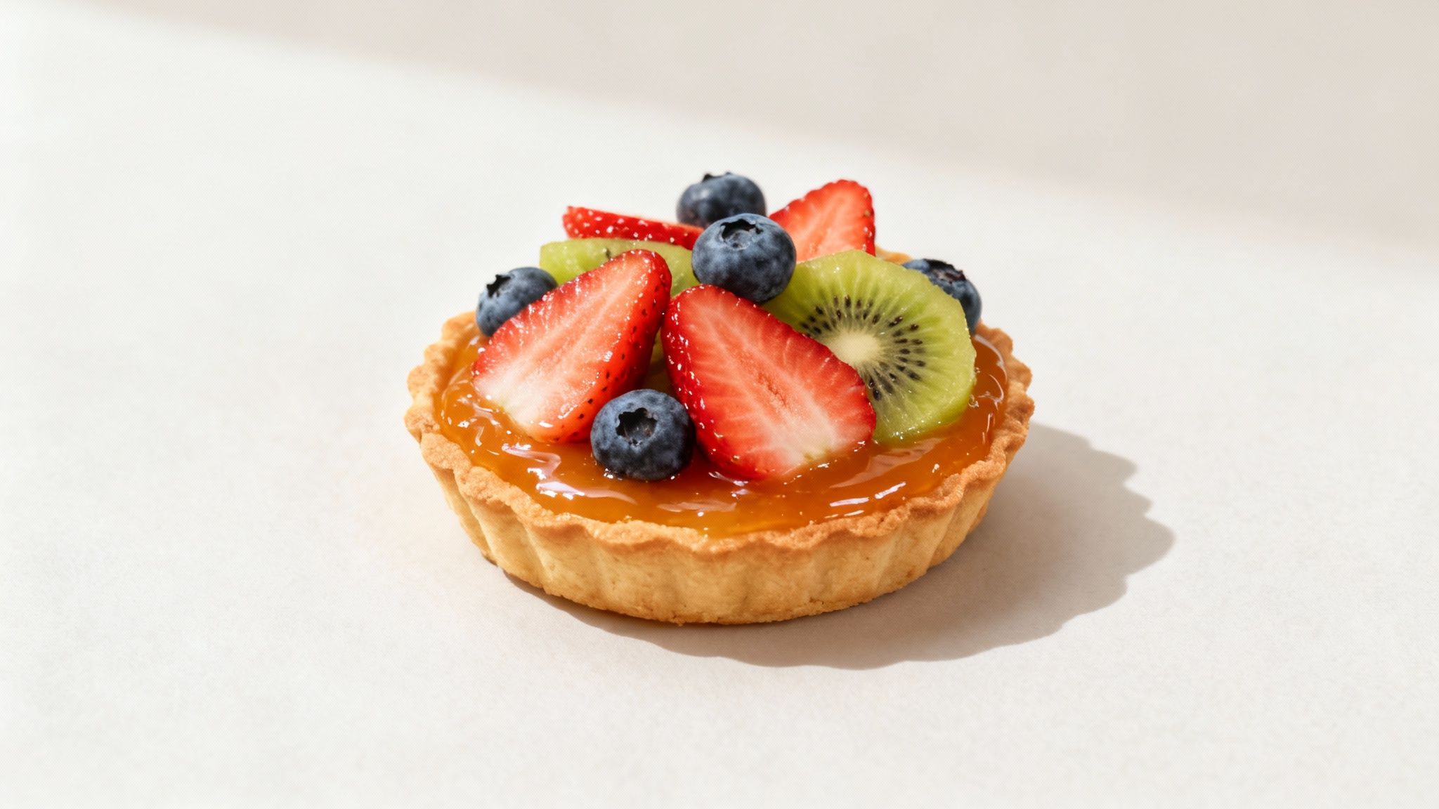 A vibrant fruit tart features fresh strawberries, blueberries, and kiwi slices on a glistening apricot glaze.