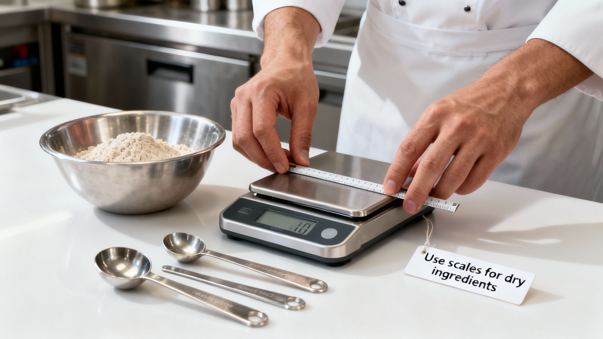 A chef in a white uniform measures ingredients with a digital kitchen scale.