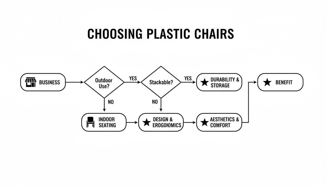 Flowchart guiding businesses through decisions for choosing plastic chairs based on outdoor use, stackability, design, and comfort.