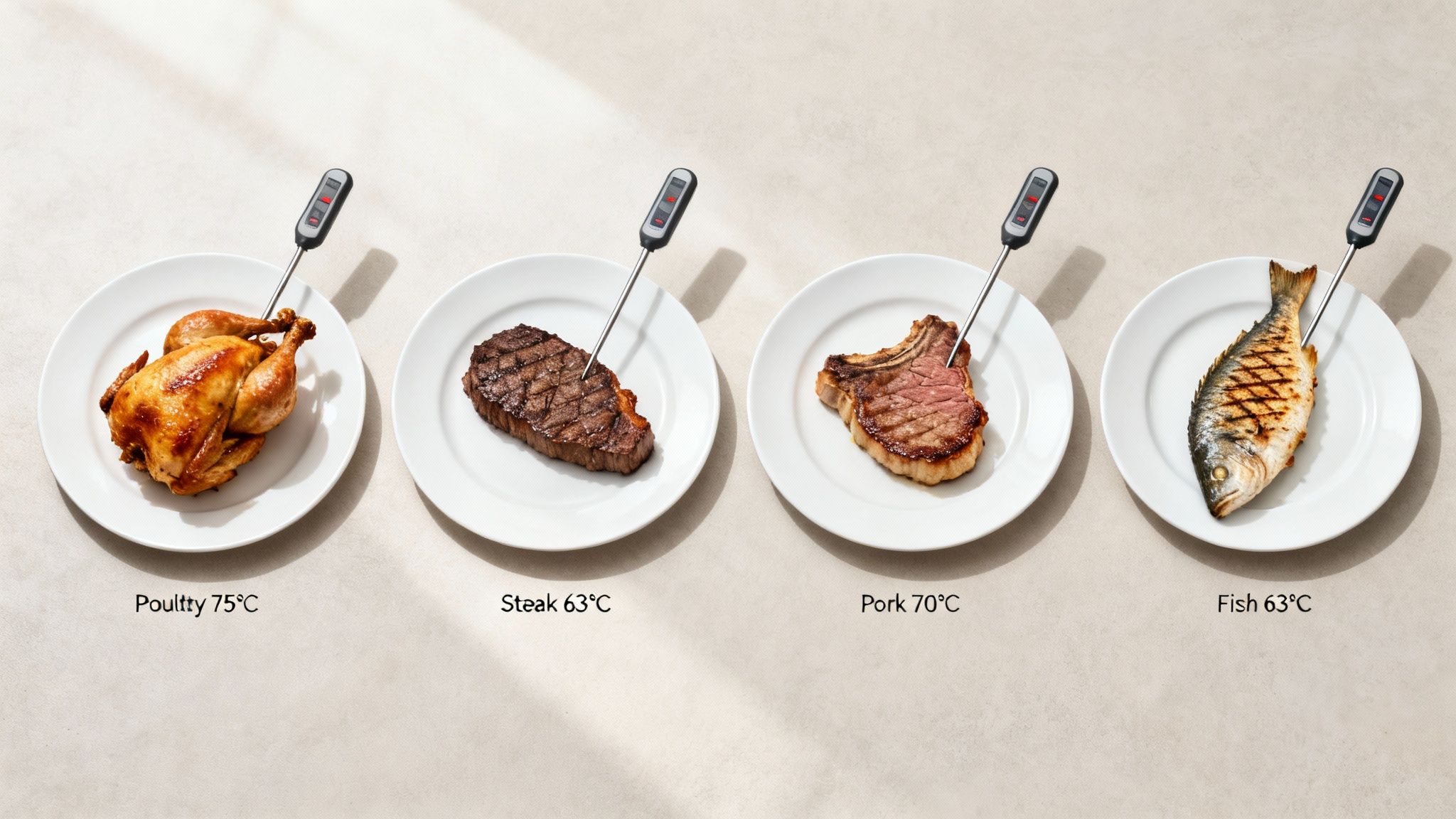 Four plates of cooked food: poultry, steak, pork, and fish, each with a thermometer displaying its safe internal temperature.