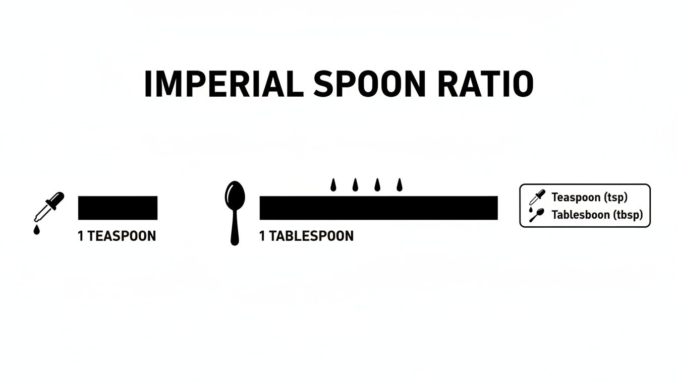 A diagram illustrating the imperial spoon ratio, showing that 1 tablespoon equals 3 teaspoons.