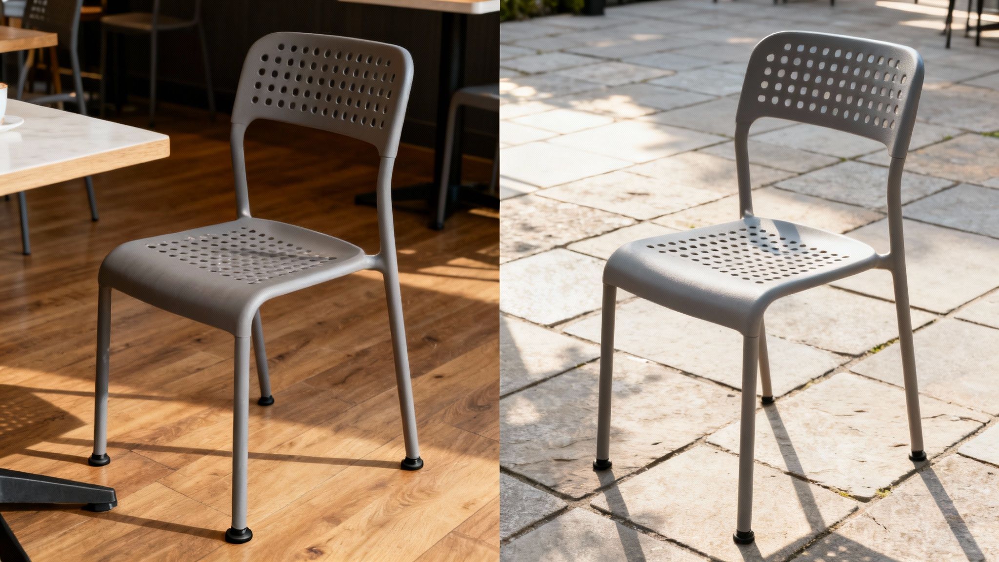 Two identical grey plastic chairs in different settings: one indoors on a wooden floor, one outdoors on a stone patio.