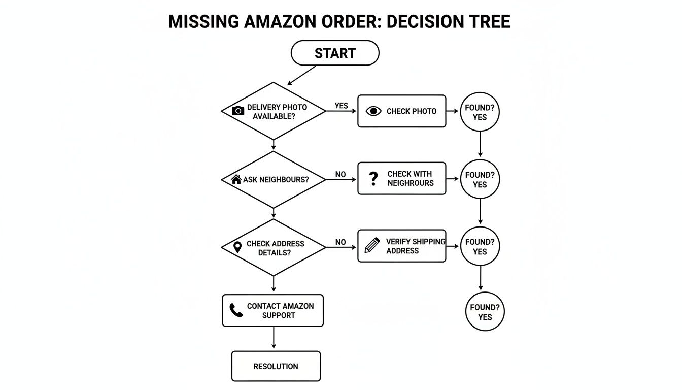 A flowchart decision tree showing steps to take for a missing Amazon order, from start to resolution.