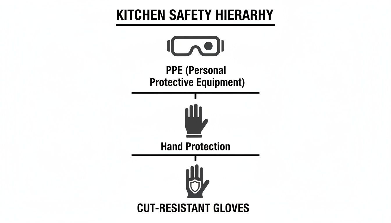 A kitchen safety hierarchy diagram showing PPE, hand protection, and specifically cut-resistant gloves.