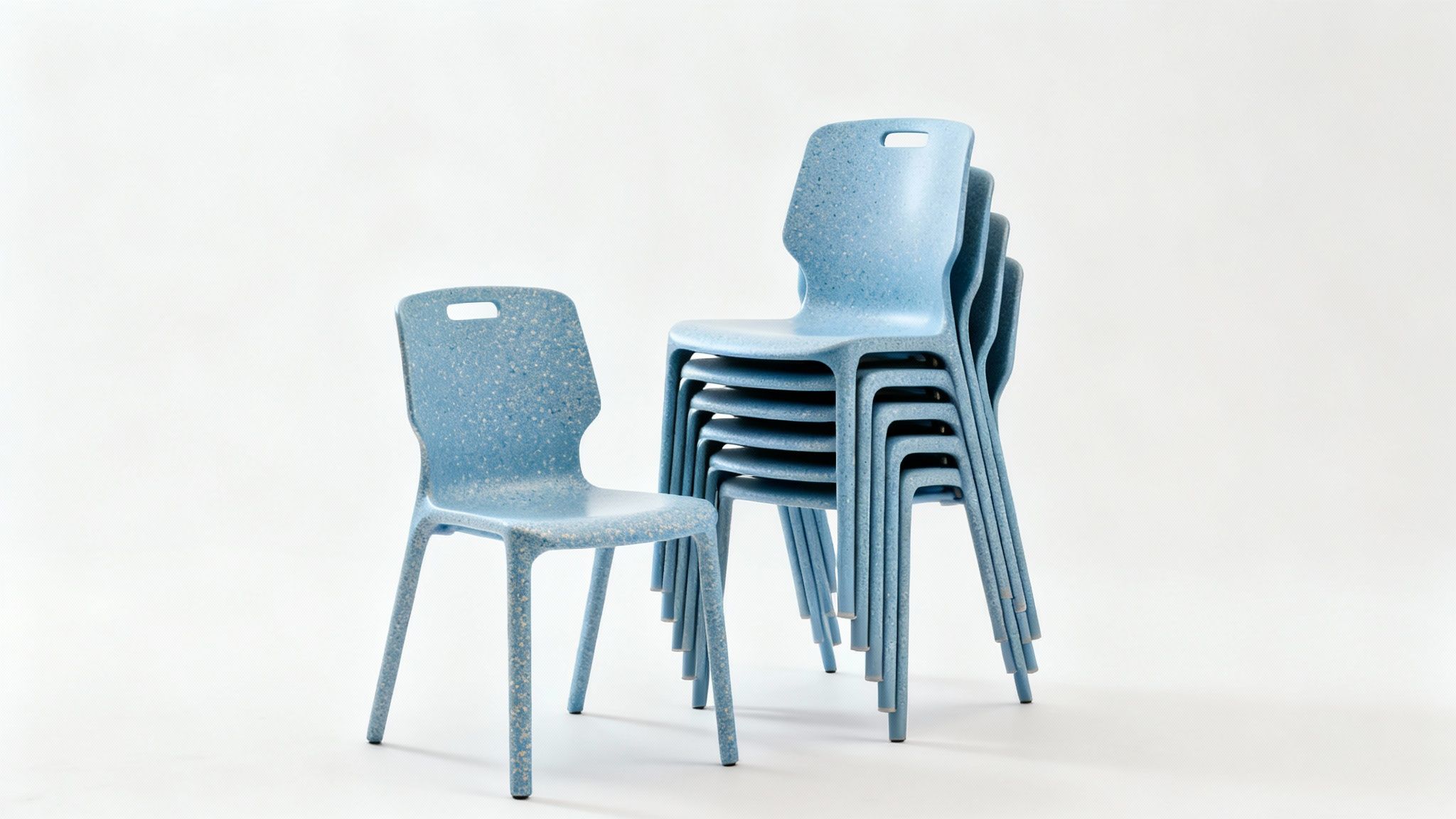 A single blue speckled plastic chair stands next to a tall stack of matching chairs.