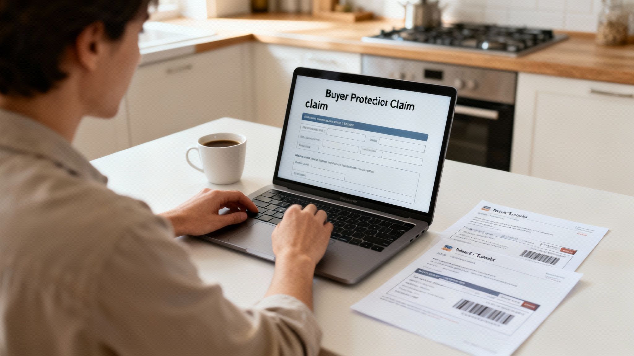Hands on a laptop keyboard, filling out a "Buyer Protection Claim" form in a modern kitchen.