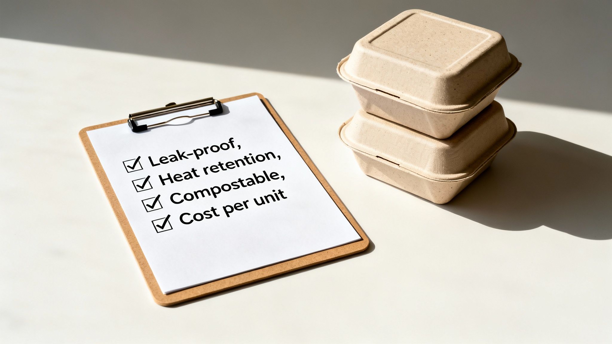 A clipboard lists eco-friendly criteria for stacked compostable takeaway containers on a white surface.