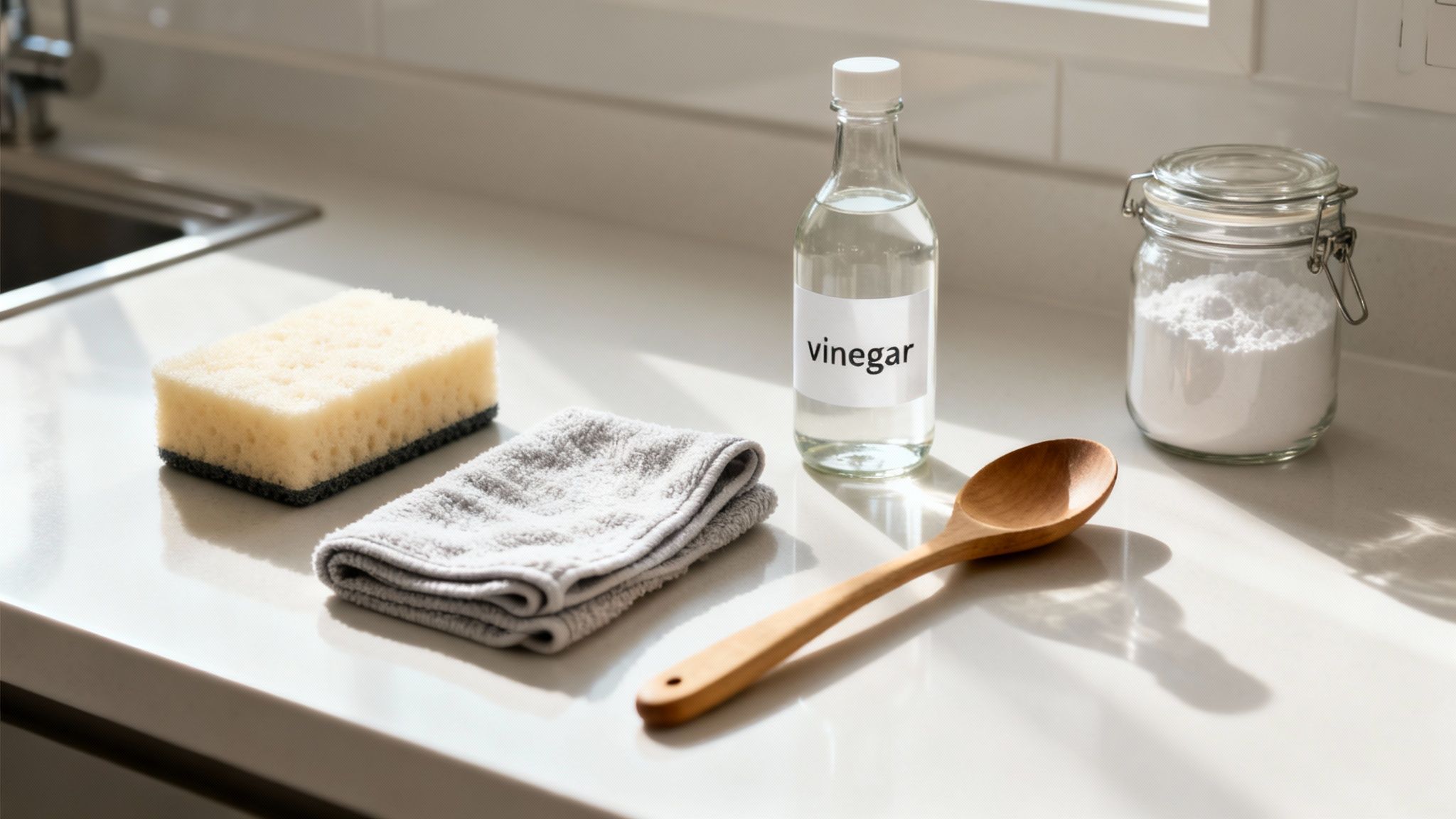 Eco-friendly cleaning supplies: vinegar, baking soda, sponge, cloth, and wooden spoon on a kitchen counter.
