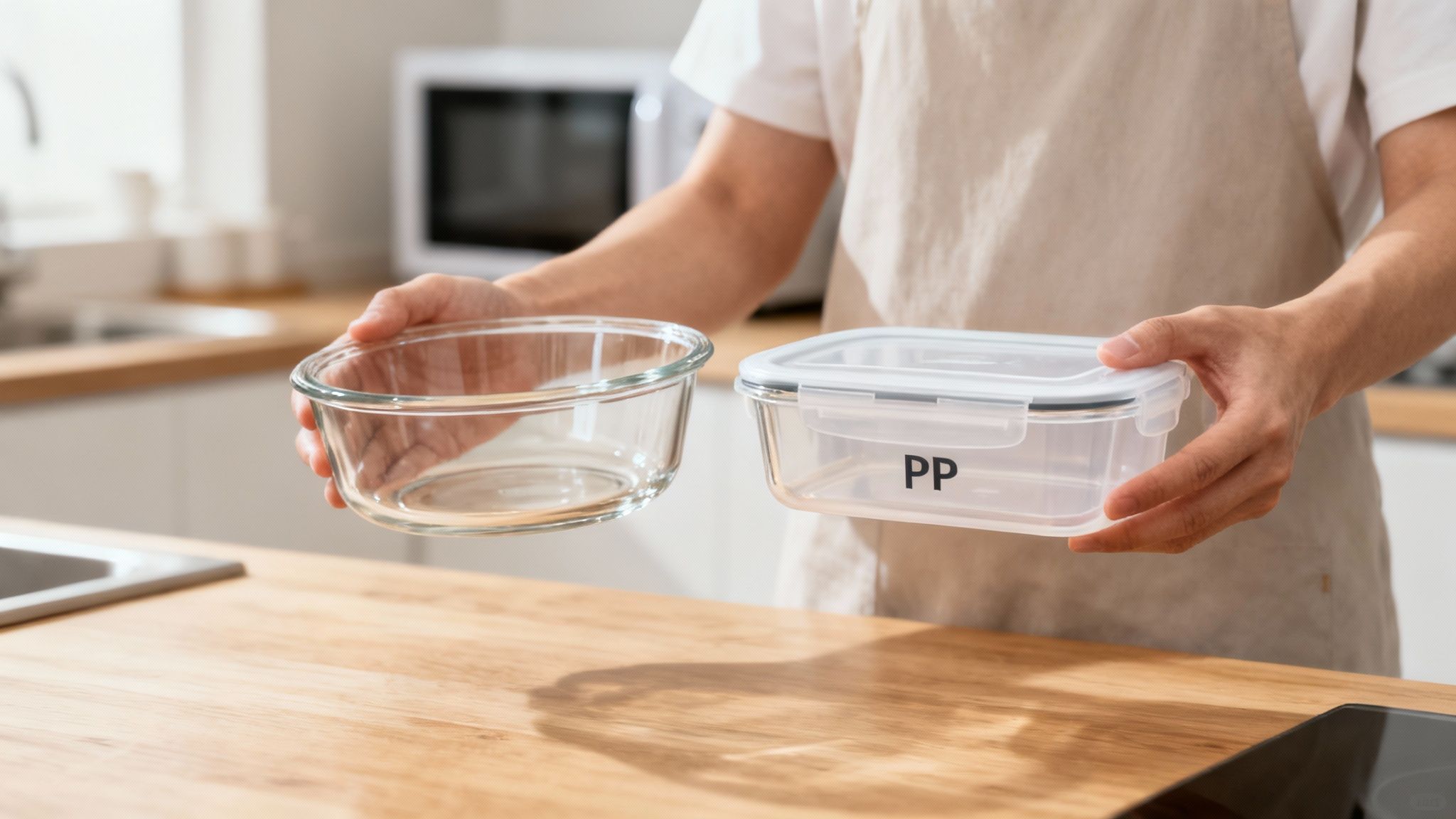 A stack of various microwavable food containers ready for use in a modern kitchen.