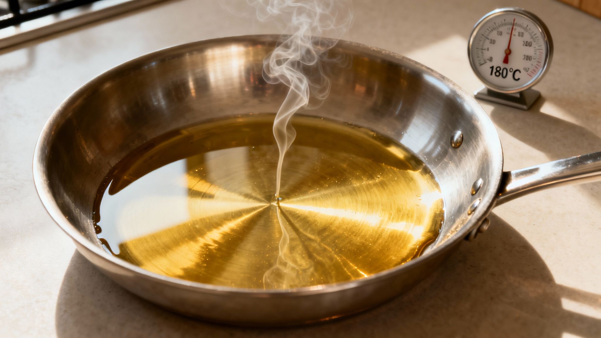 A stainless steel frying pan with hot, smoking oil on a kitchen counter, next to a thermometer showing 180°C.