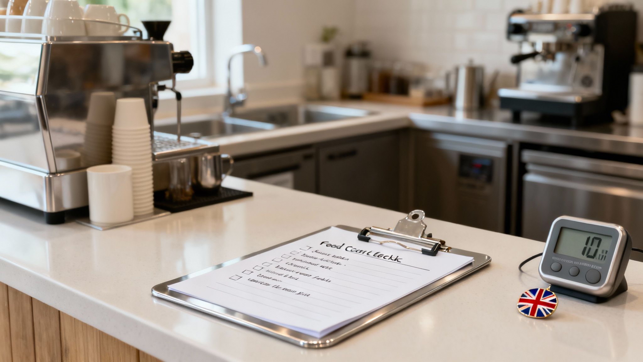 A clean coffee shop counter with an espresso machine, cups, a food checklist, a digital timer, and a UK flag pin.