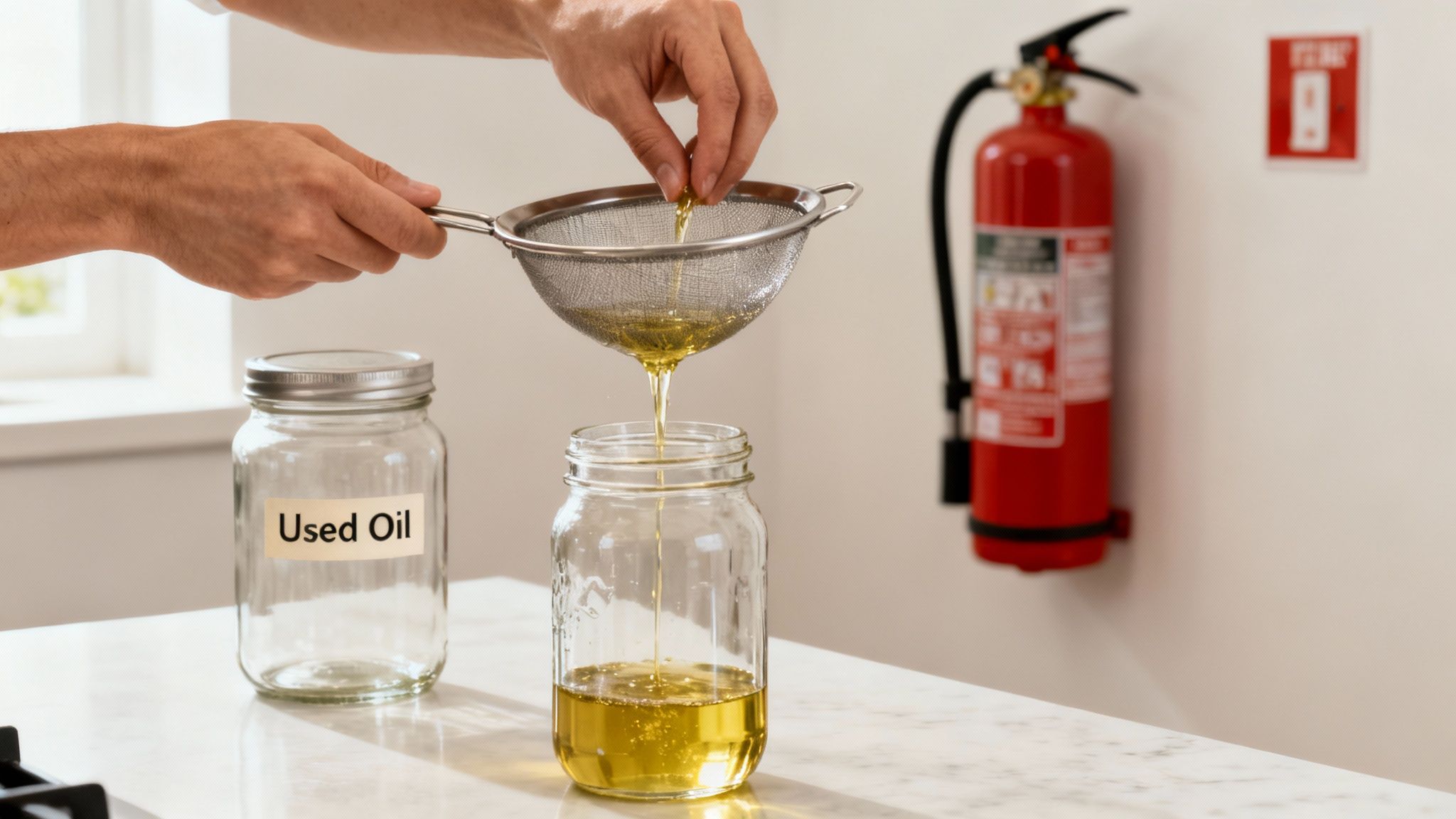 Hands straining used cooking oil through a sieve into a jar, next to another jar labeled 'Used Oil'.