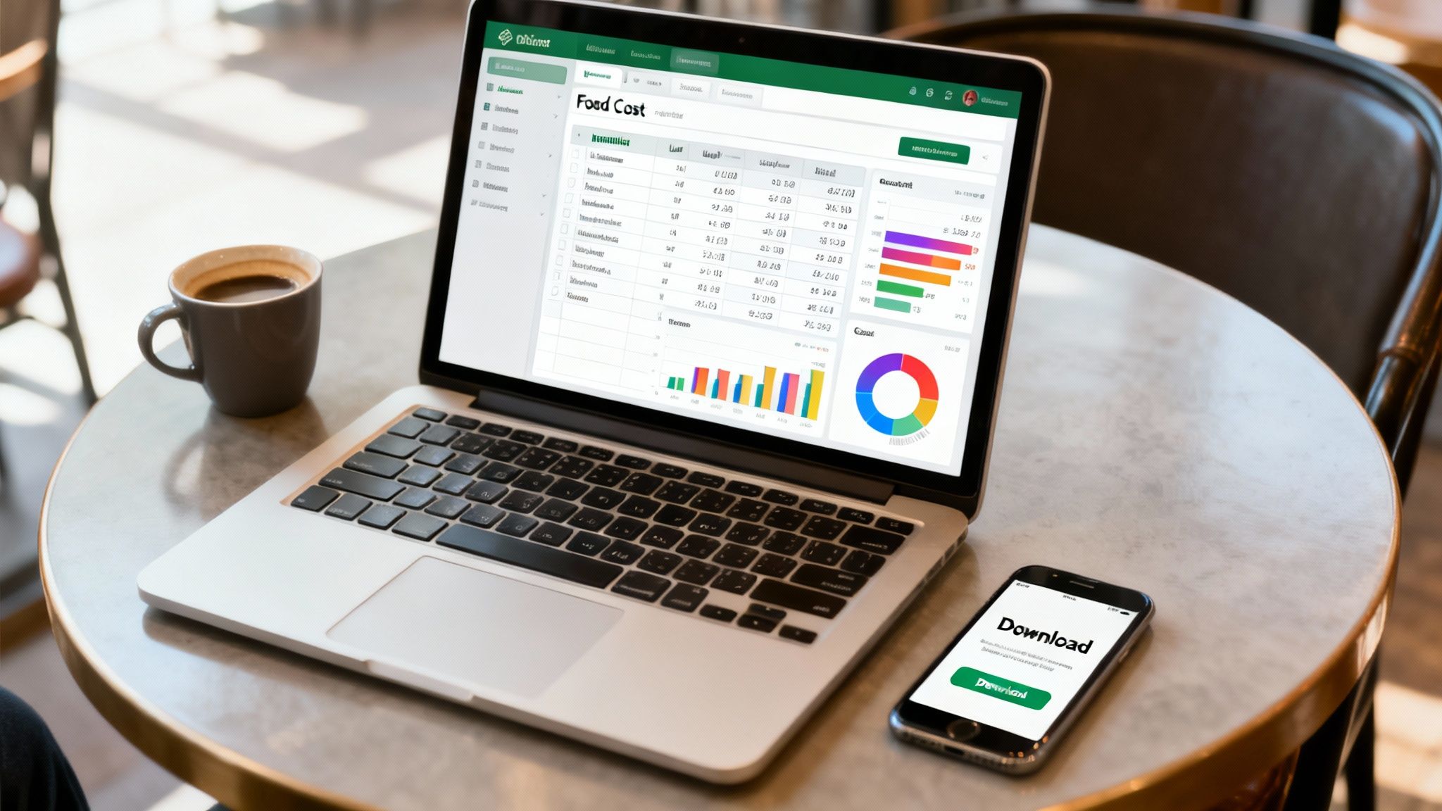 Laptop displaying a food cost management application with charts, coffee, and a smartphone on a cafe table.