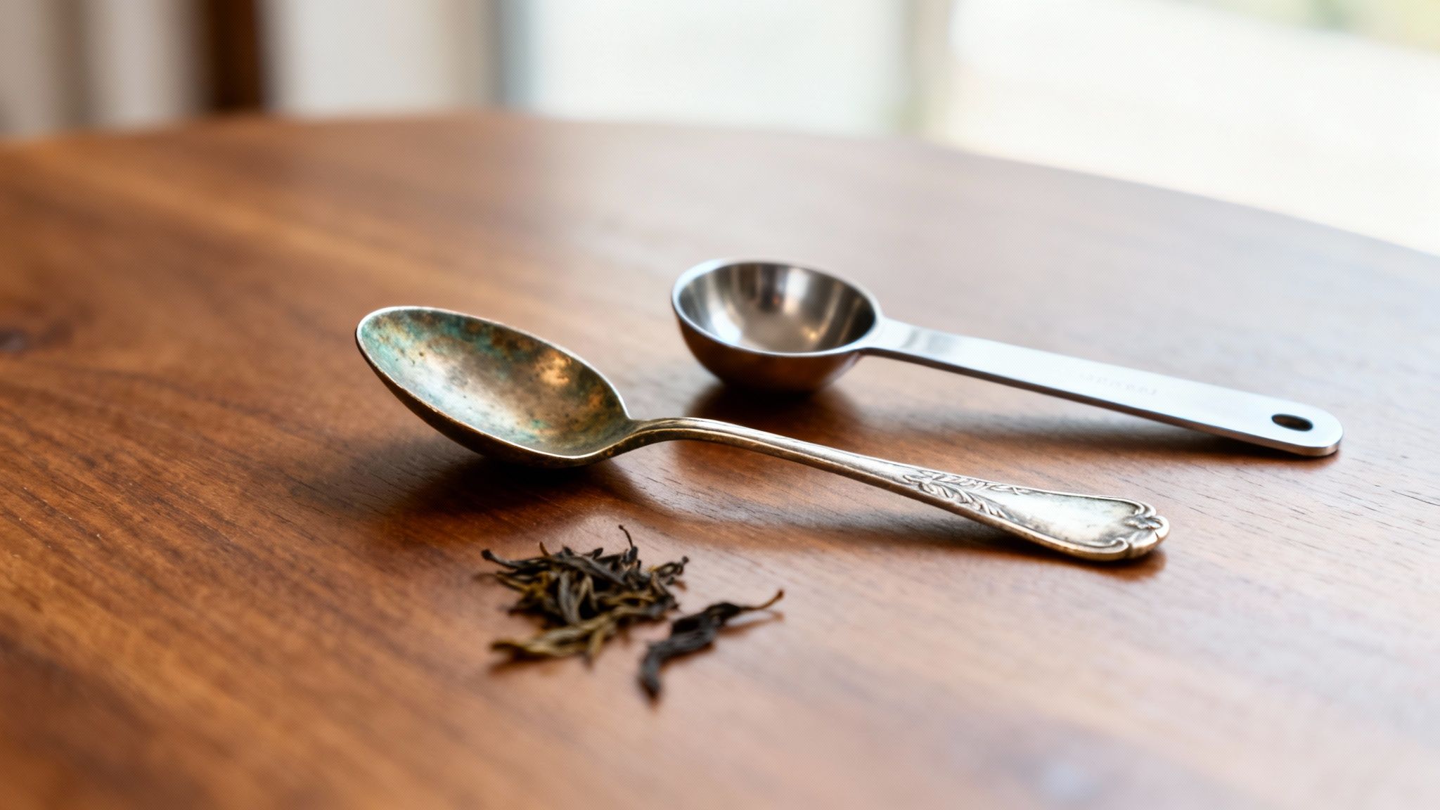 A tarnished antique spoon and a shiny measuring spoon rest beside loose tea leaves on a wooden table.