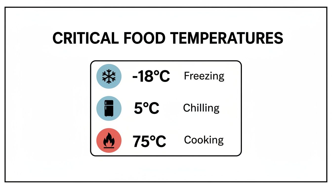 A critical food temperature chart displaying freezing at -18°C, chilling at 5°C, and cooking at 75°C.