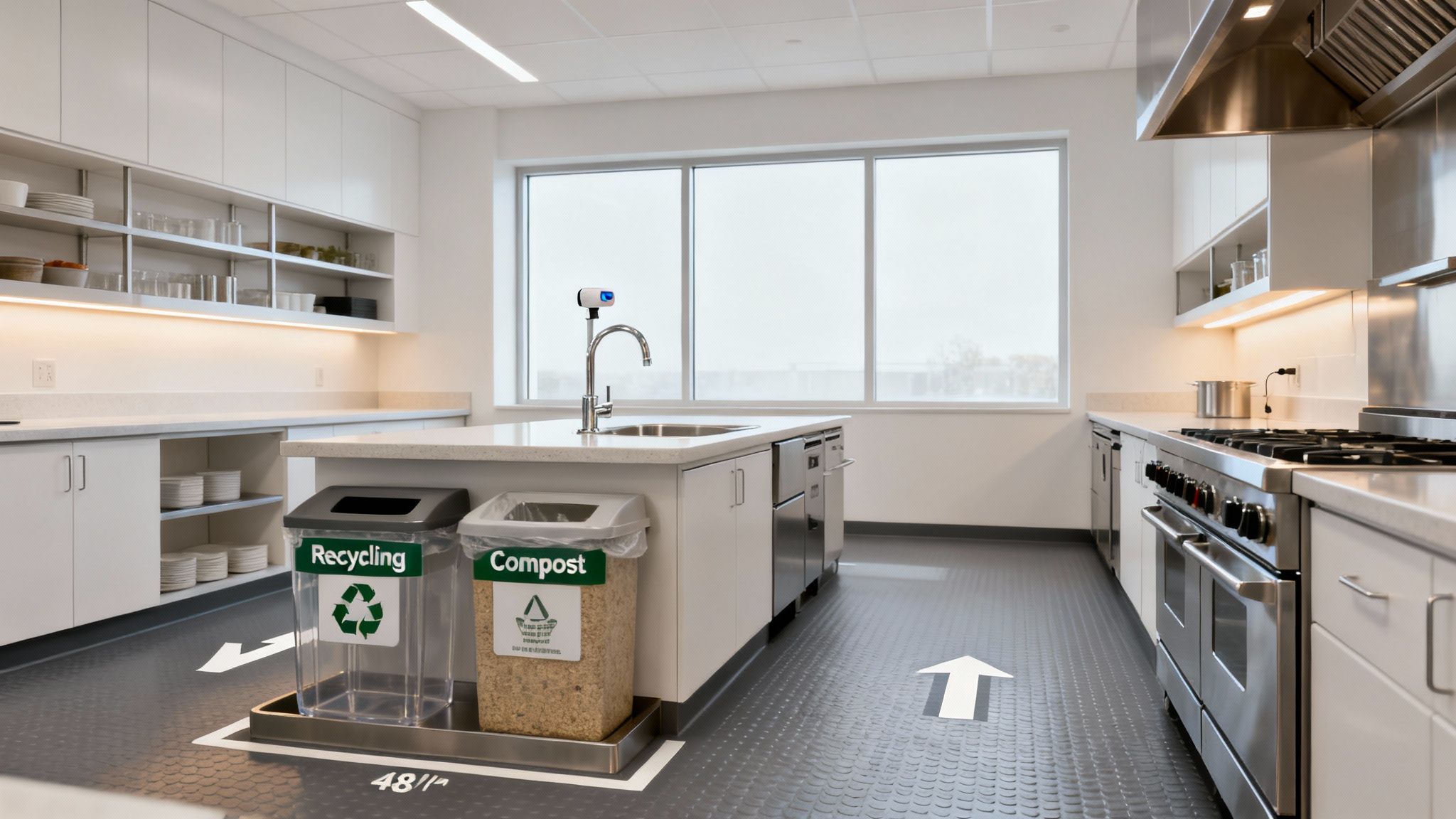 Bright, modern commercial kitchen with stainless steel appliances, white cabinets, and recycling and compost bins.