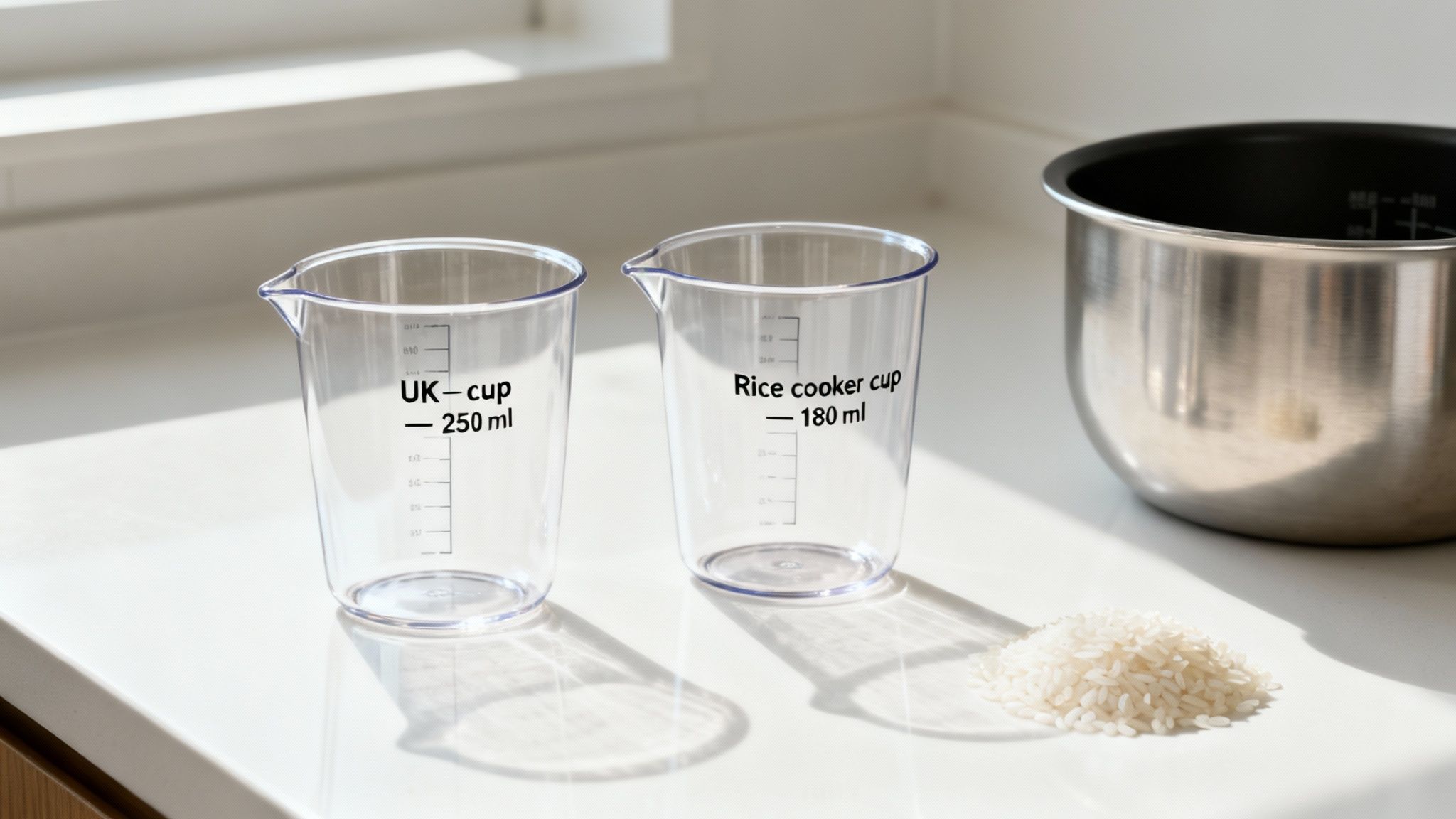 Two clear measuring cups show UK (250ml) and rice cooker (180ml) volumes, with rice and pot.