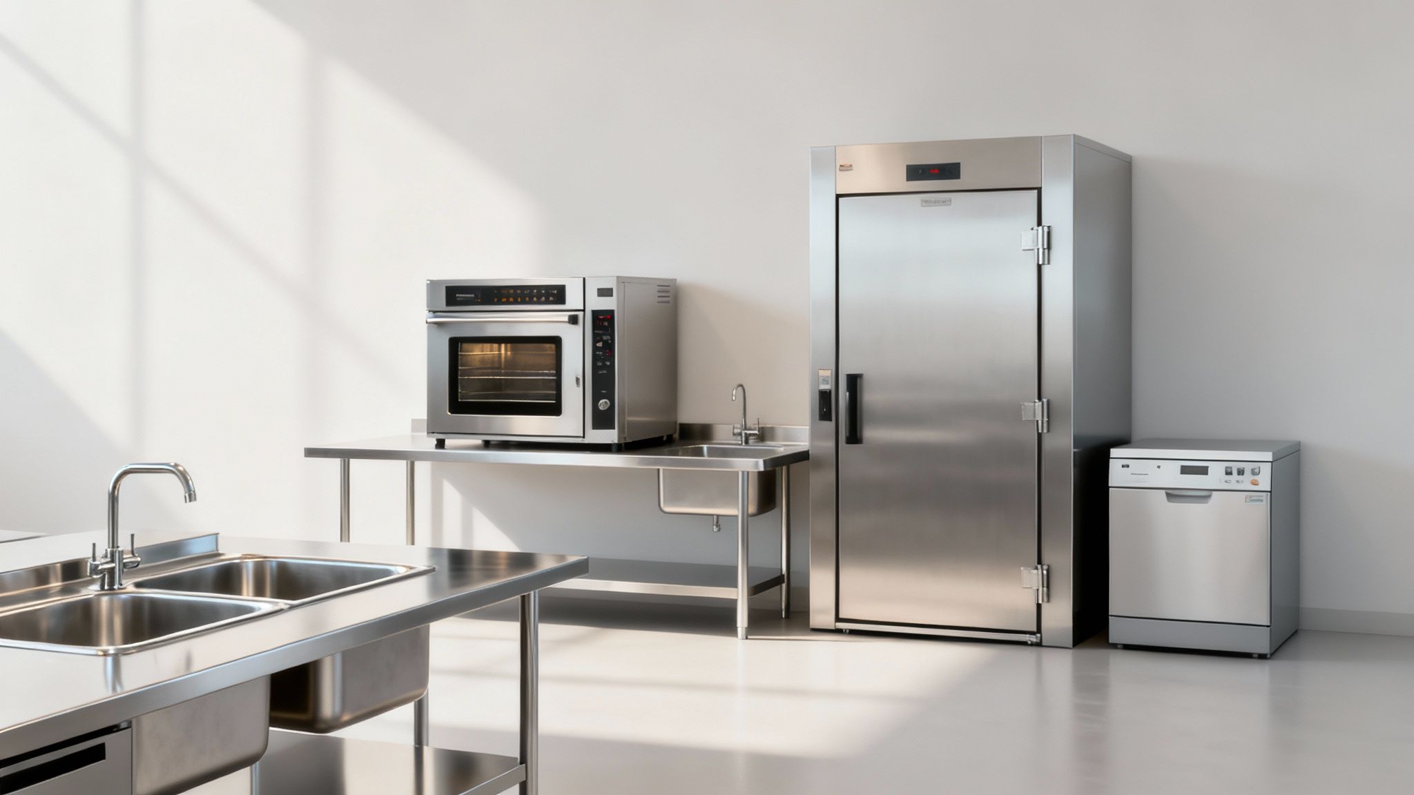 A clean, modern commercial kitchen featuring stainless steel oven, refrigerator, sink, and dishwasher appliances.