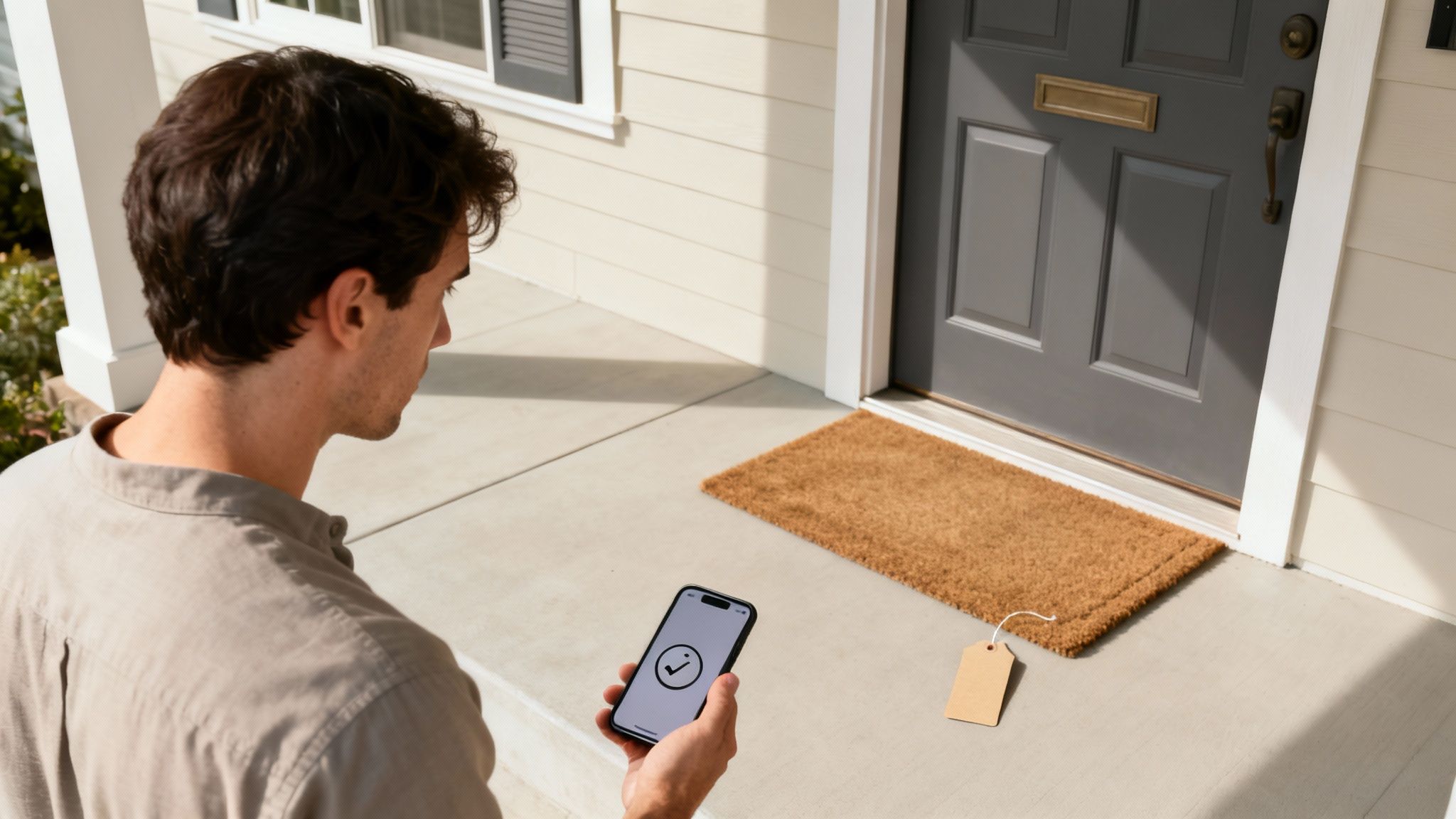 A man on a porch holds a phone displaying a delivery confirmation checkmark, near a front door and a package tag.