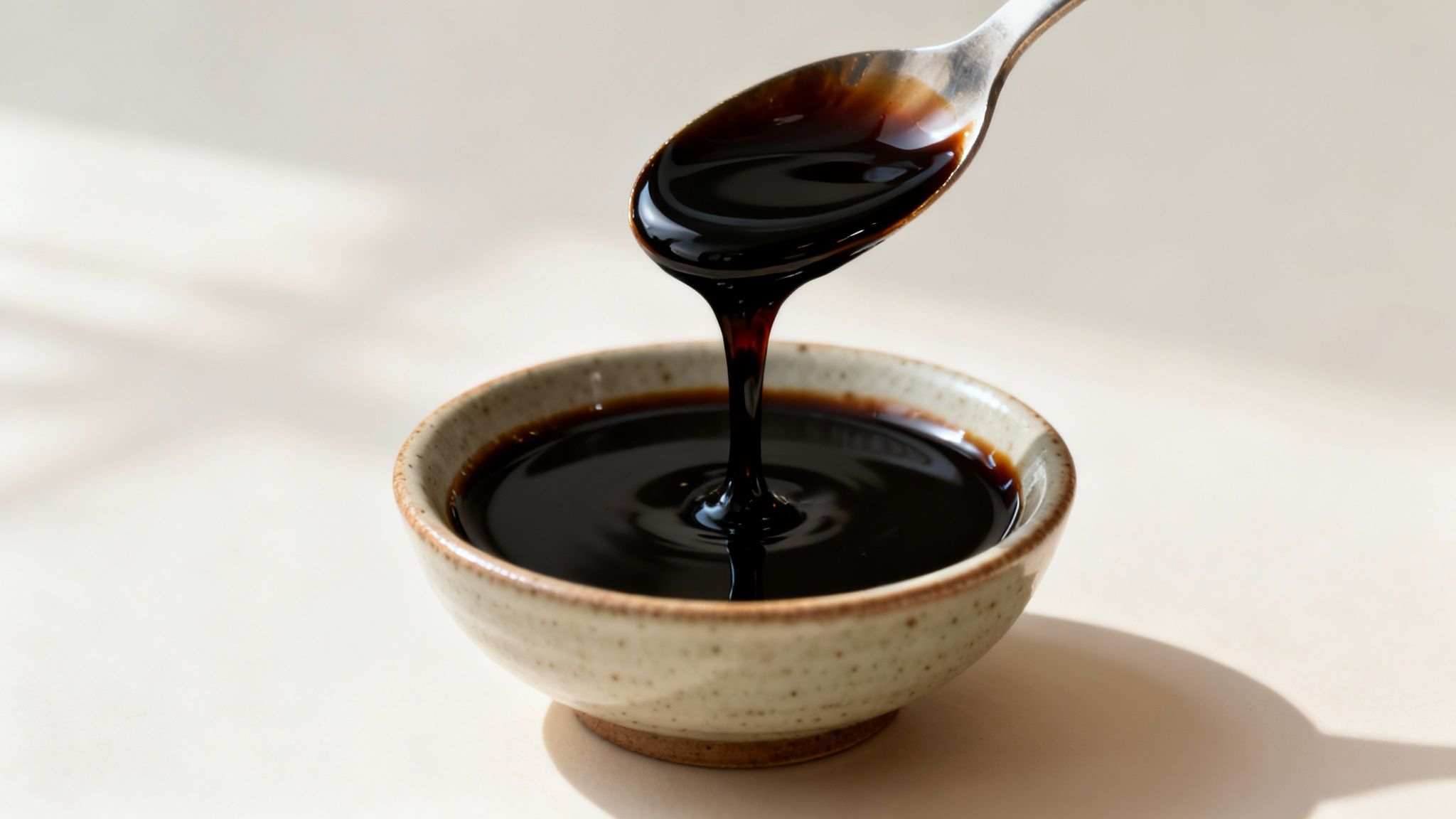 Dark, viscous syrup pouring from a silver spoon into a small, speckled ceramic bowl on a light surface.
