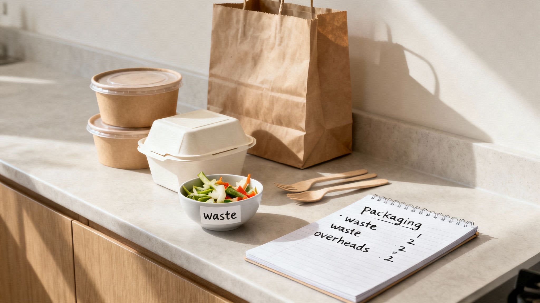 Food delivery packaging, a bowl of vegetable waste, and a notebook about packaging costs on a kitchen counter.