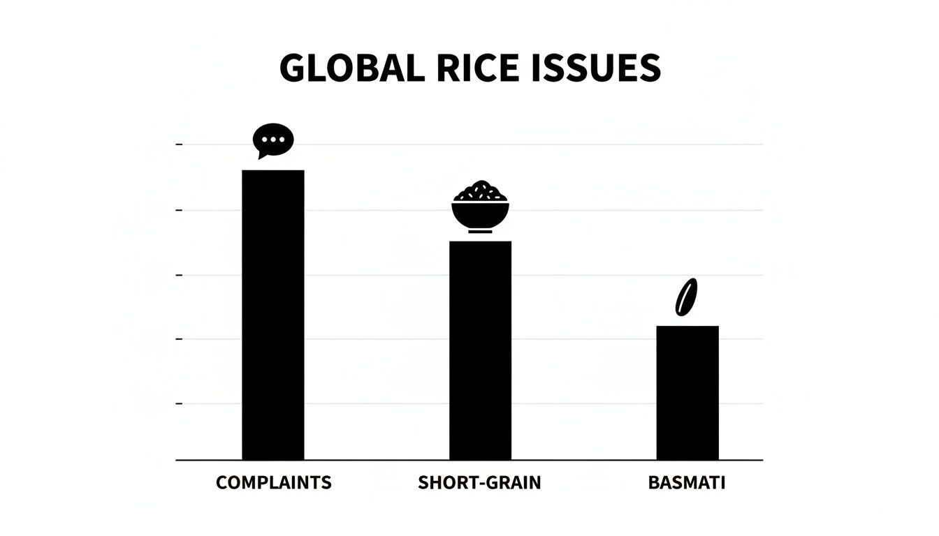 Bar chart illustrating global rice issues, comparing complaints, short-grain, and basmati rice concerns.