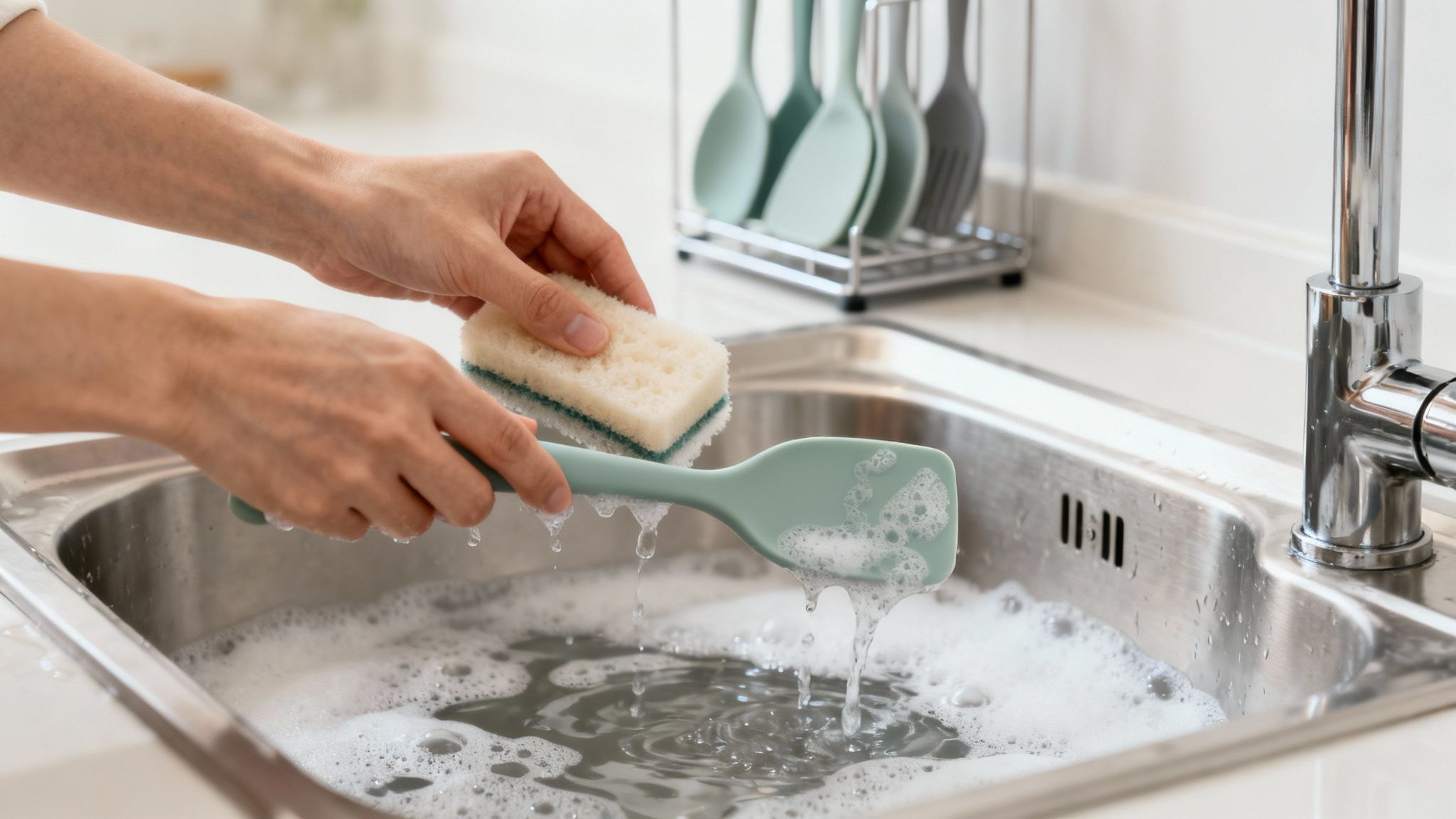 Hands washing a green silicone spatula with a sponge in a bubbly kitchen sink.