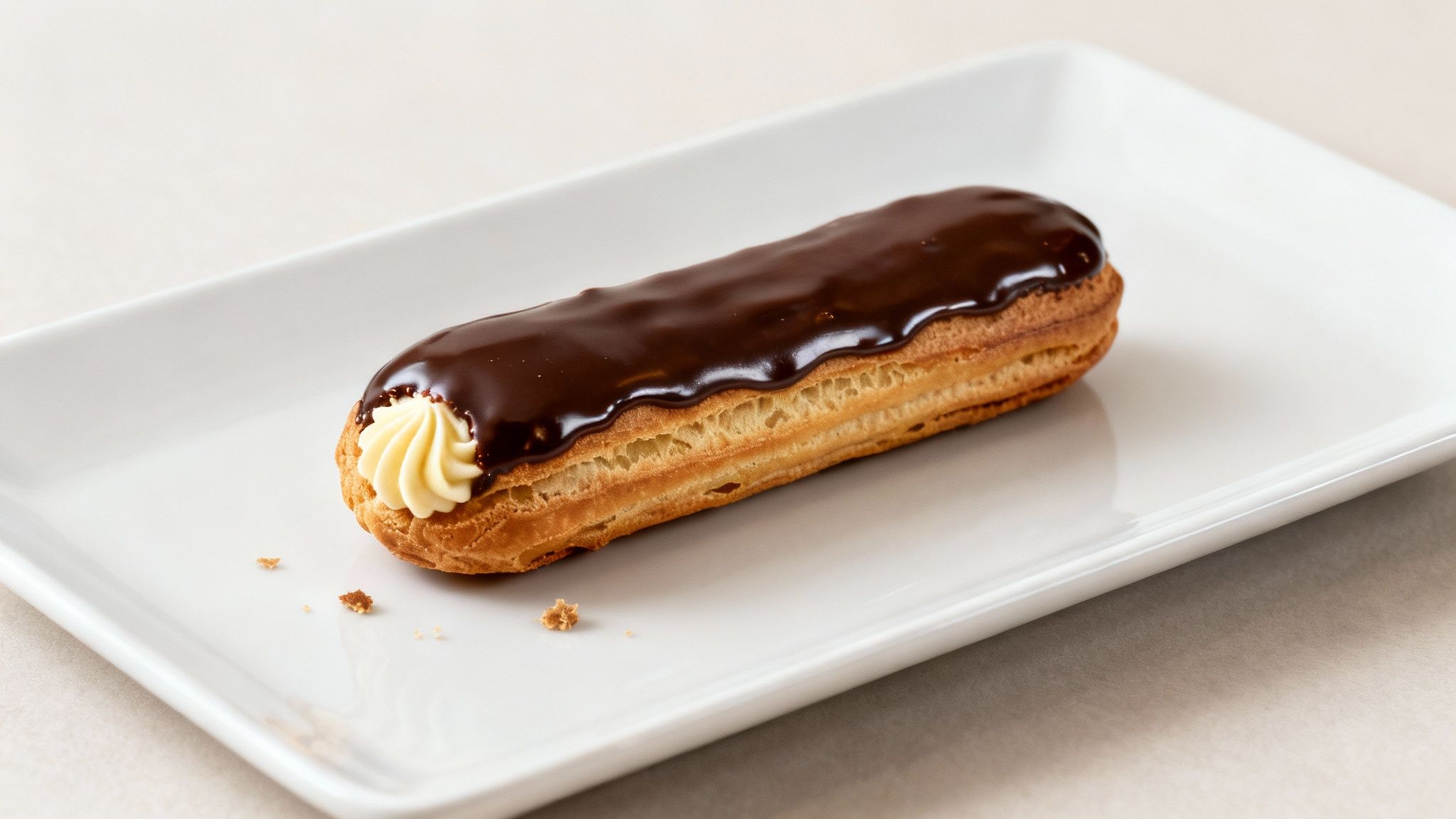 A single, decadent chocolate eclair with creamy filling, presented on a white plate.
