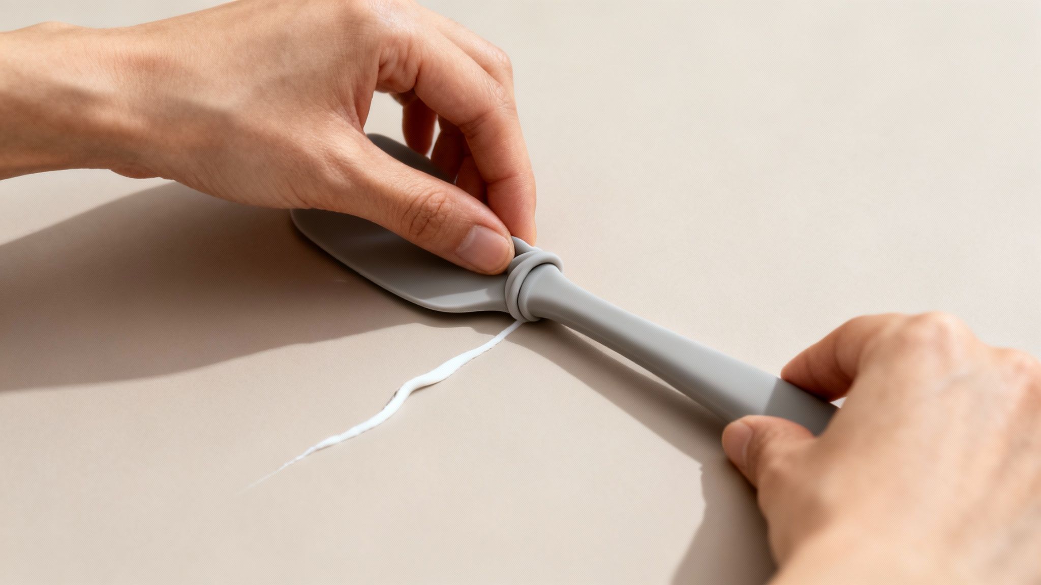 Close-up of hands using a gray silicone spatula to spread white cream on a light beige surface.